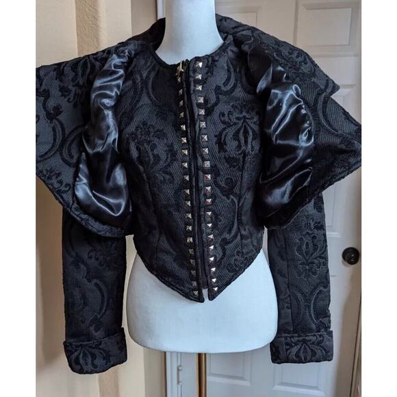Dracula Clothing Gothic Black Steampunk Coat Jacket Women L Evil Queen Jacquard - Picture 6 of 16